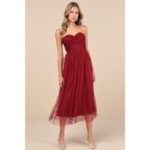 NWT Lulus Perfect Whimsy Burgundy Mesh Strapless Midi Dress Gala Banquet Size L